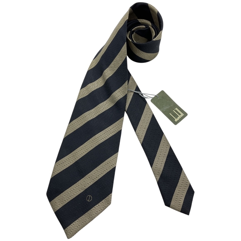 🆕DUNHILL Black/Beige Striped Logo Silk LUXURY Tie ITALY